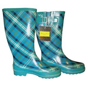 womans size 6 Western Chief rain muck boots teal plaid rubber tall outdoor boots